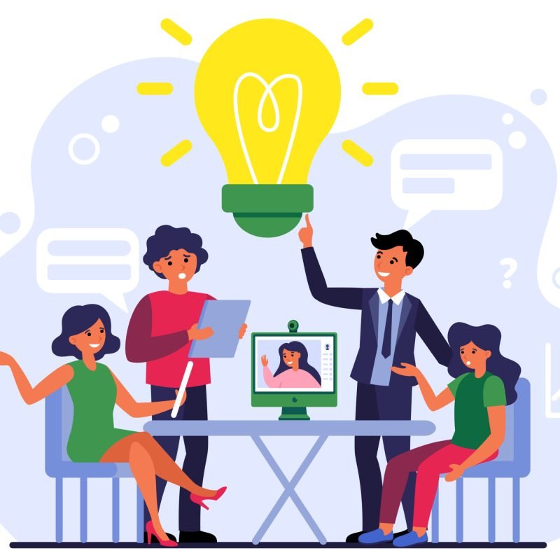 Colleagues discussing project online and offline. Conference call, brainstorm, idea flat vector illustration. Social distance, lockdown, teamwork concept for banner, website design or landing web page